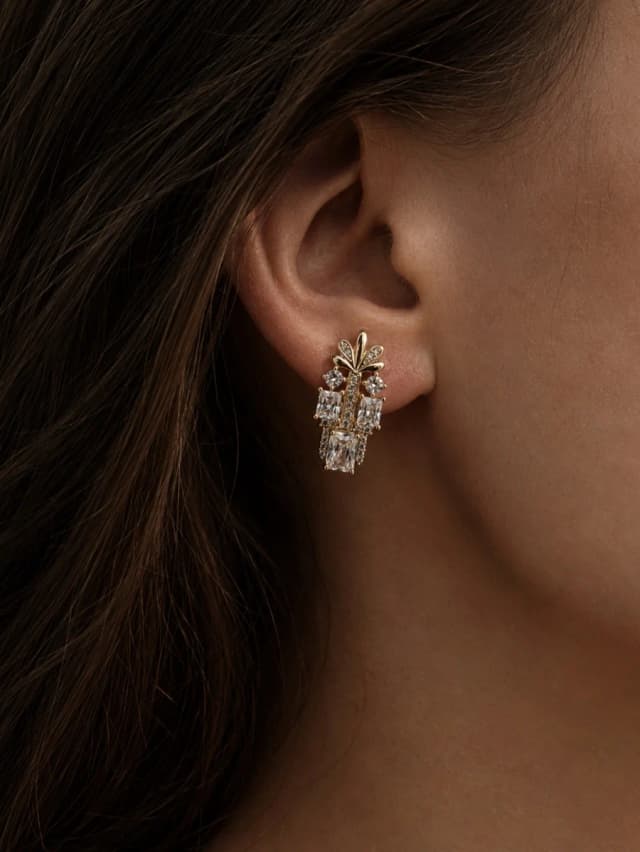 Close-up of a person's ear wearing a gold-tone stud earring with a decorative cluster of rectangular and round clear crystals.